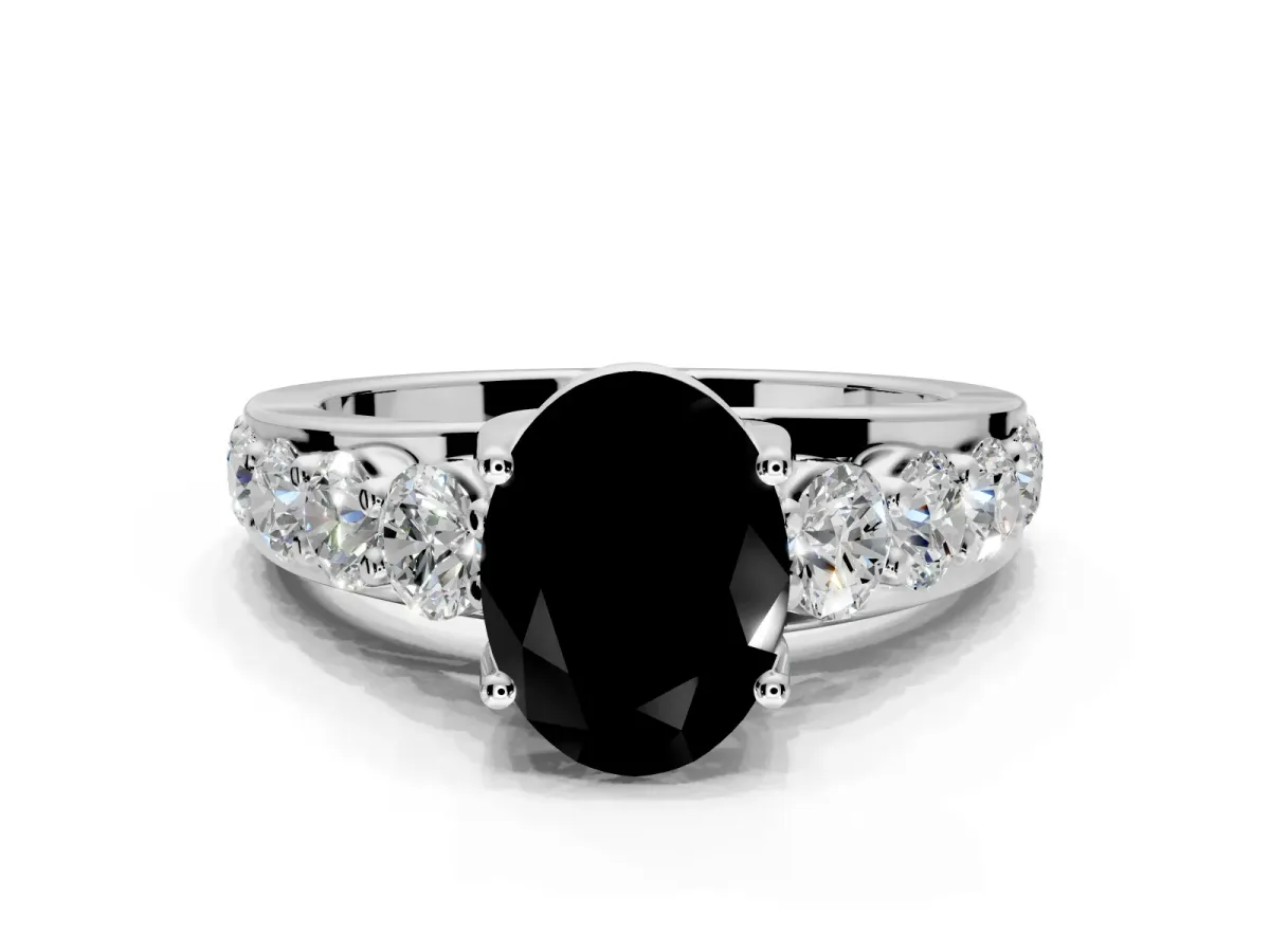 Solitaire Engagement Ring Setting for Fancy Black Oval Center with Graduated Shared Prongs and Prong Head in White Gold