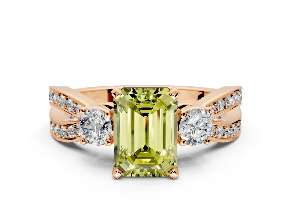 3 Stone Engagement Ring Setting for Fancy Yellow Emerald Cut Center with Pave Twist Band and Prong Head in Rose Gold