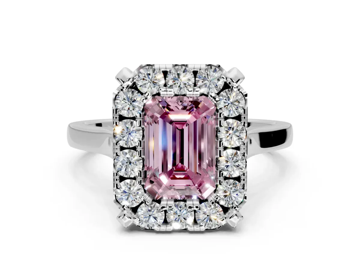 Single Halo Engagement Ring Setting for Fancy Pink Emerald Cut Center with Corner Claws, Plain Band and Prong Head in White Gold