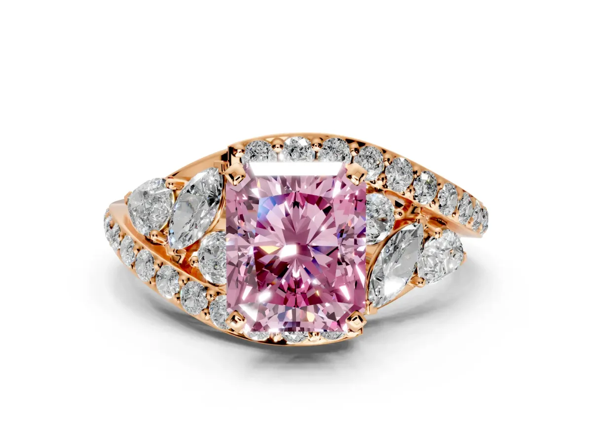 Halo Engagement Ring Setting for Fancy Pink Radiant Cut Center with Marquise and Pave Bypass Band and Prong Head in Rose Gold