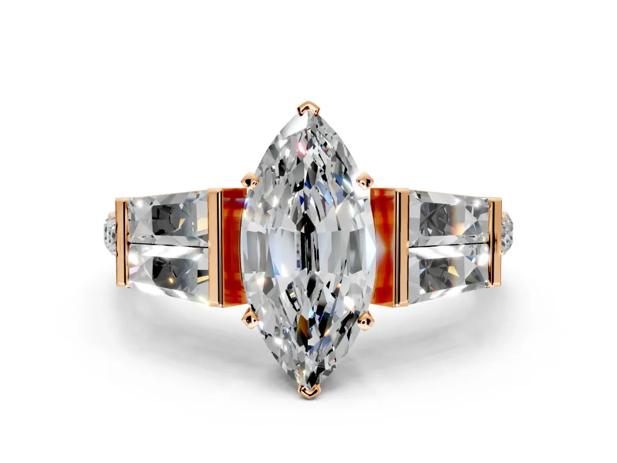 Channel-Set Engagement Ring Setting for Marquise Center with Baguette Band and Prong Head in Rose Gold