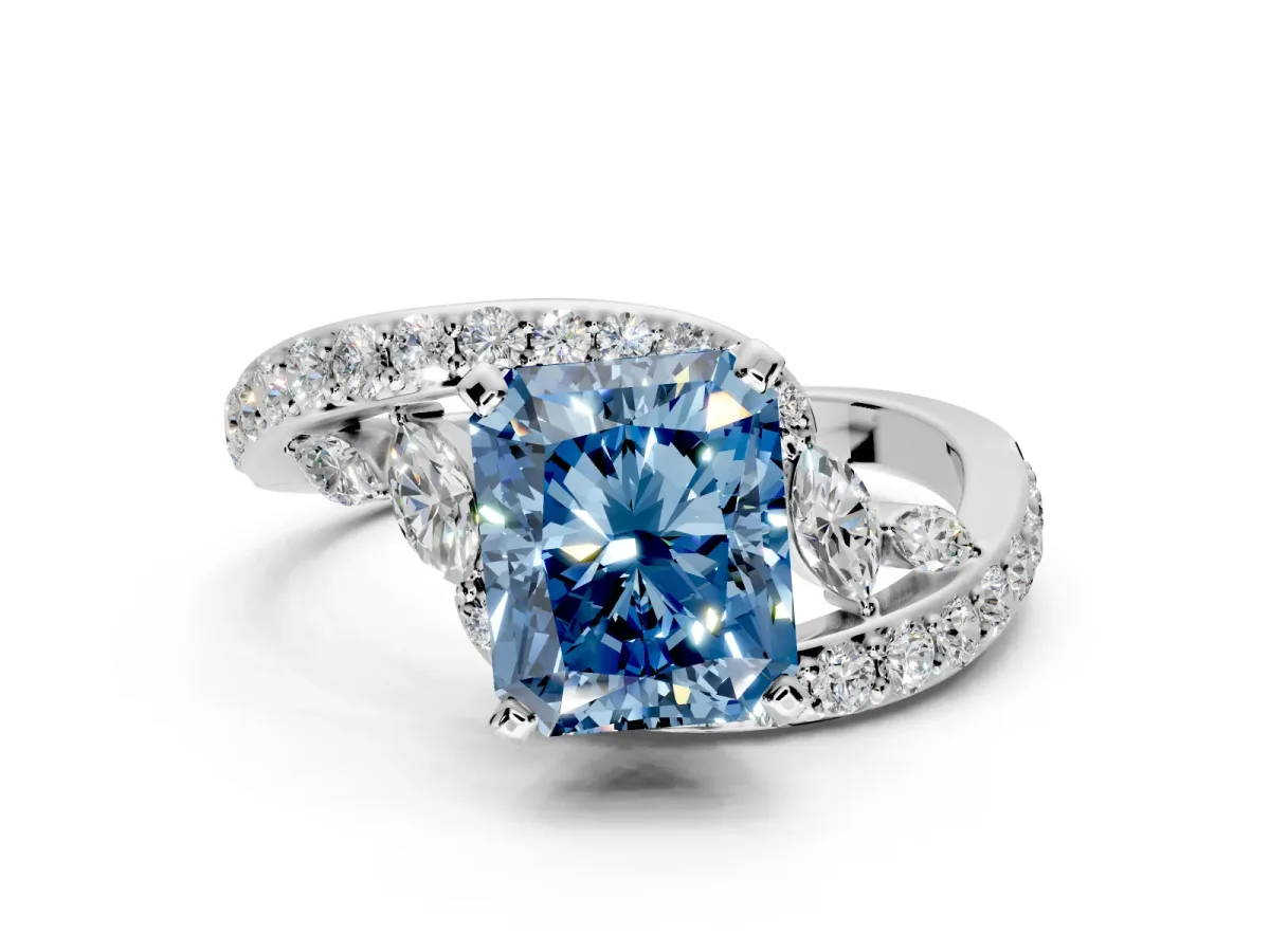 Solitaire Engagement Ring Setting for Fancy Blue Radiant Cut Center with Pave Bypass Twist Band and Prong Head in White Gold