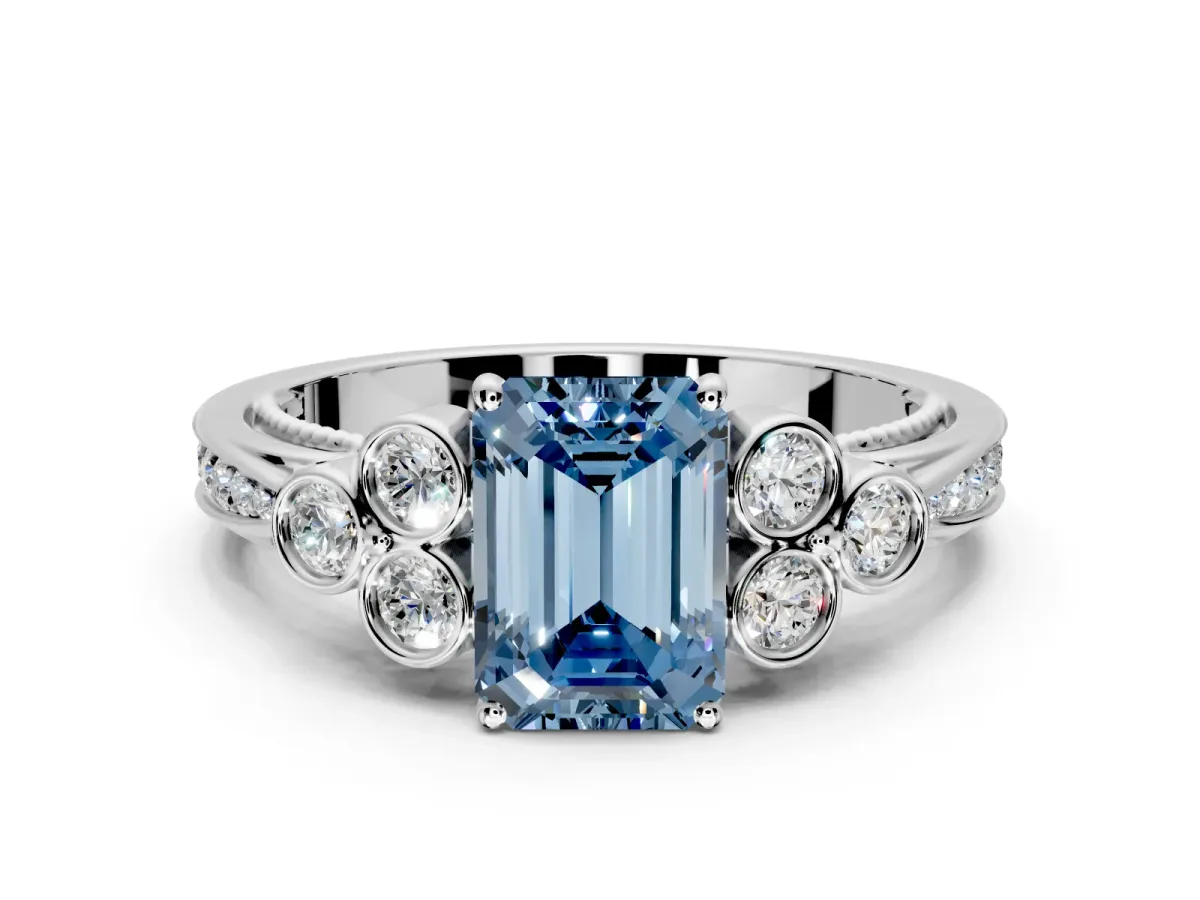 Cluster Engagement Ring Setting for Fancy Blue Emerald Cut Center with Bezel Accent Clusters and Prong Head in Sterling Silver