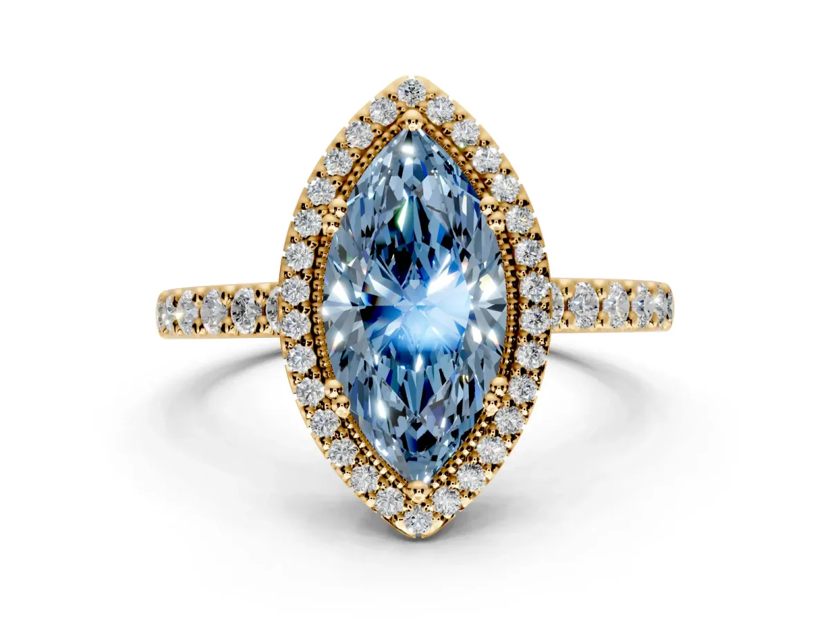 Halo Engagement Ring Setting for Fancy Blue Marquise Center with Inner Milgrain Border and Prong Head in Yellow Gold