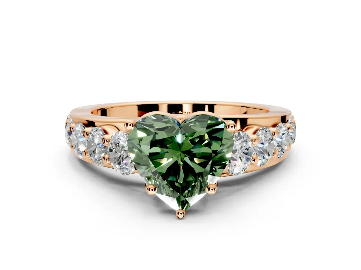 Solitaire Engagement Ring Setting for Fancy Green Heart-Shaped Center with Graduated Shared Prongs and Prong Head in Rose Gold