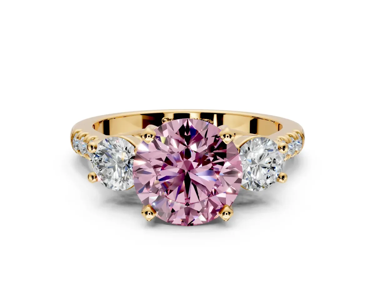 3 Stone Engagement Ring Setting for Fancy Pink Round Cut Center with Crossover Basket, Pave Band and Prong Head in Yellow Gold