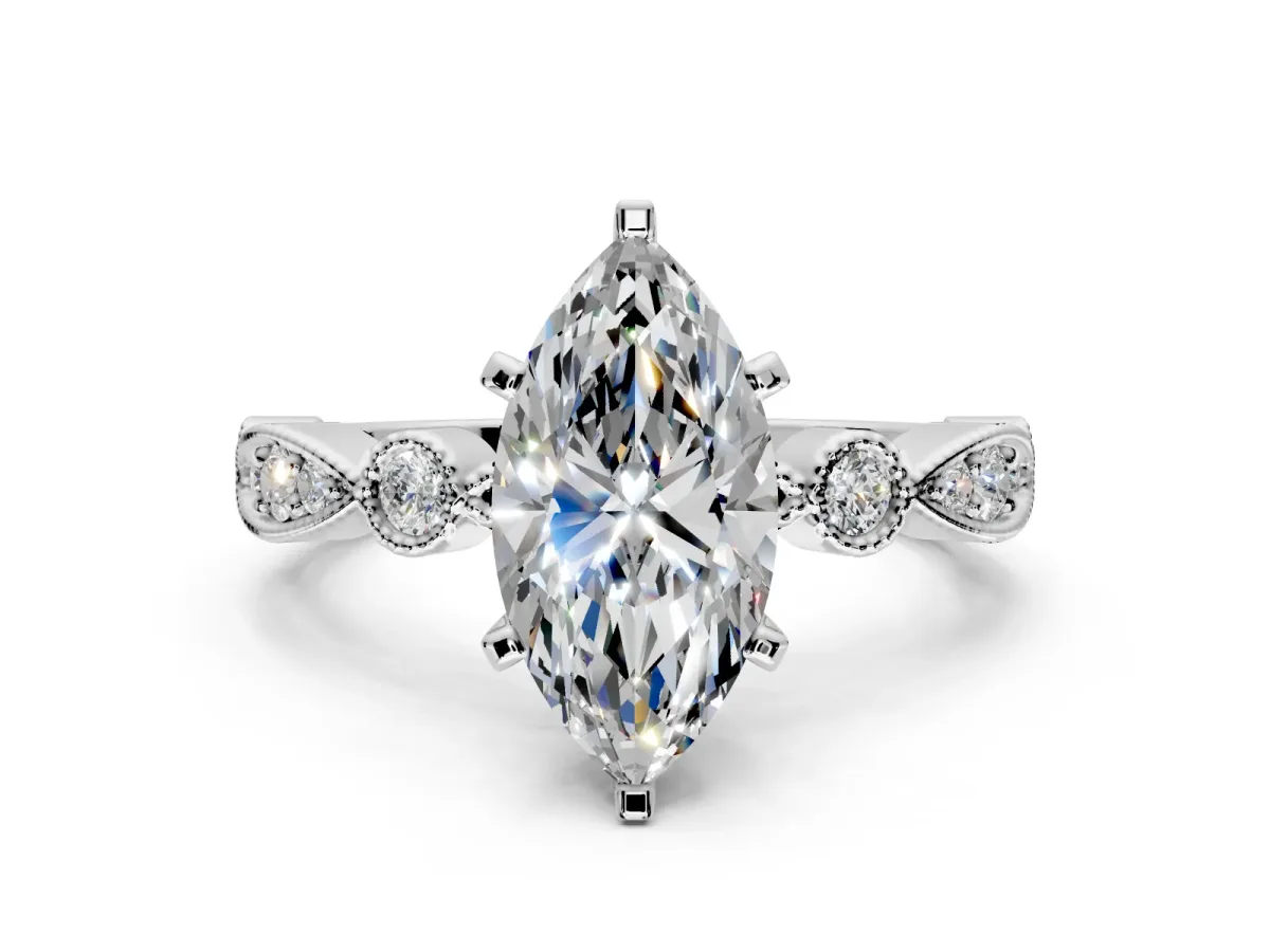 Solitaire Engagement Ring Setting for Marquise Center with Milgrain Bezel Accents and Prong Head in Platinum
