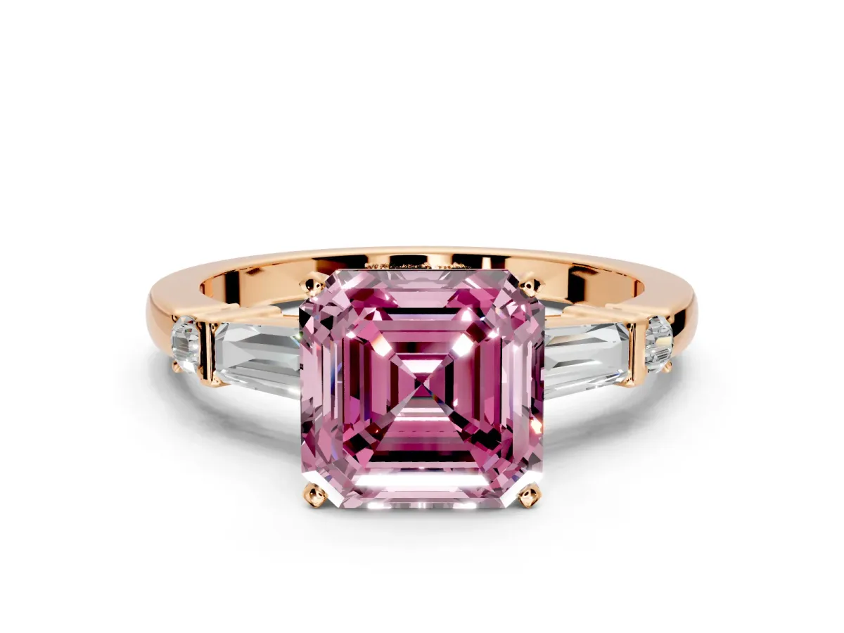 Bar-Set Engagement Ring Setting for Fancy Pink Asscher Cut Center with Tapered Baguette Accents and Prong Head in Rose Gold