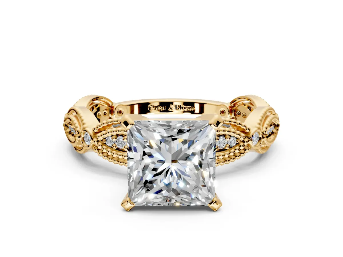 Solitaire Engagement Ring Setting for Princess Cut Center with Marquise Panel Band and Prong Head in Yellow Gold