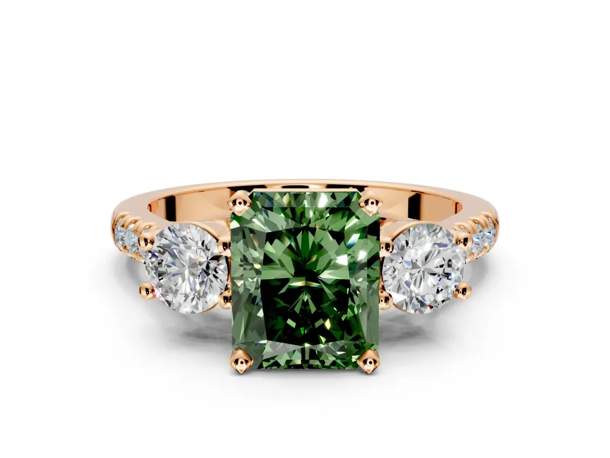 3 Stone Engagement Ring Setting for Fancy Green Radiant Cut Center with Crossover Basket, Pave Band and Prong Head in Rose Gold