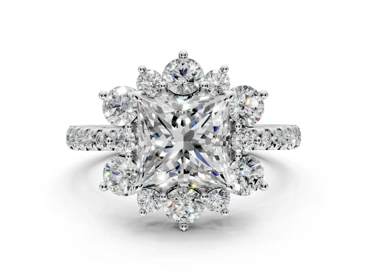 Floral Halo Engagement Ring Setting for Princess Cut Center with Pave Accents and Prong Head in Sterling Silver