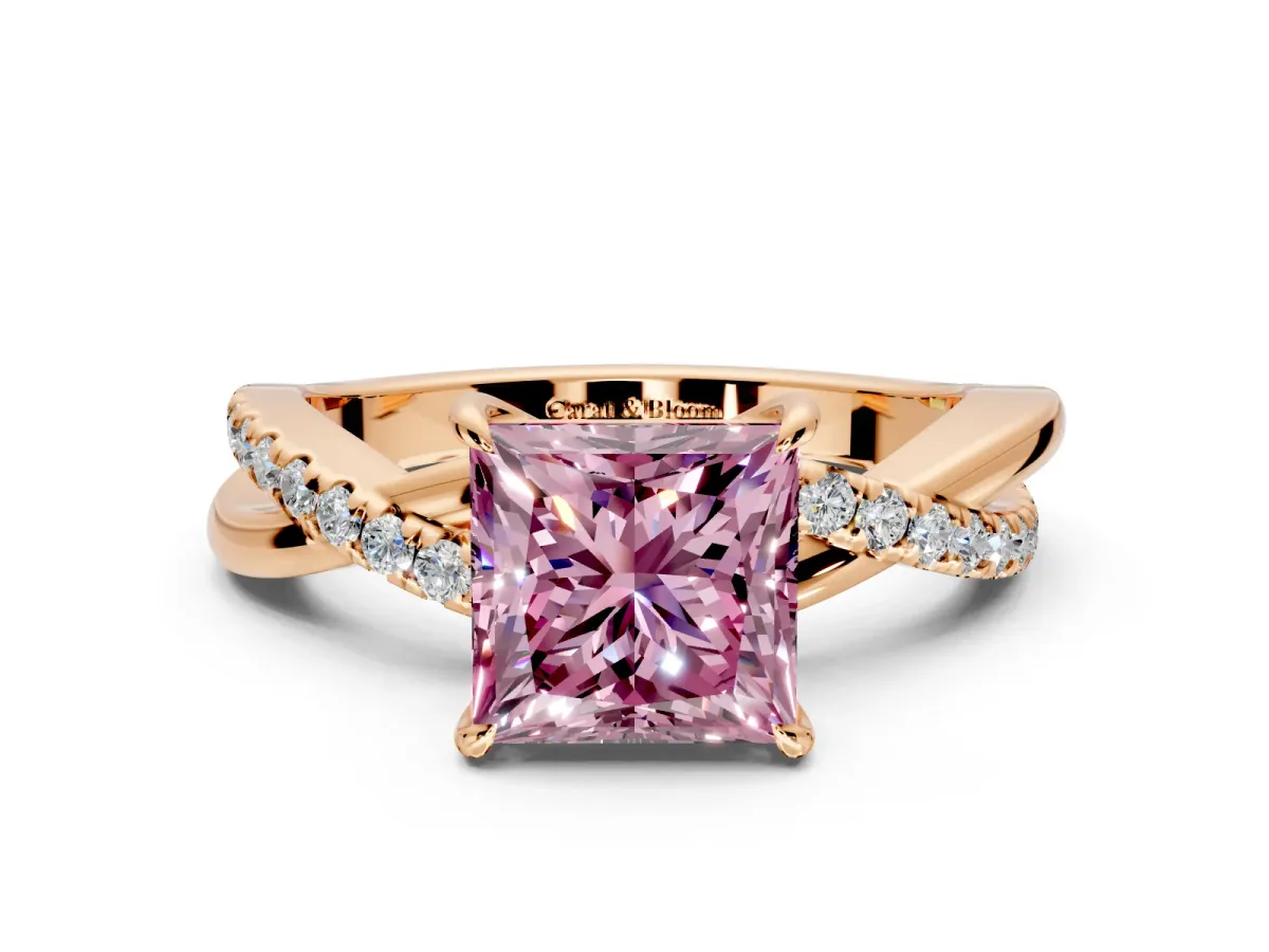 Crossover Engagement Ring Setting for Fancy Pink Princess Cut Center with Pave and Plain Strands and Prong Head in Rose Gold