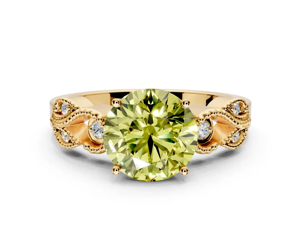 Leaf Engagement Ring Setting for Fancy Yellow Round Cut Center with Milgrain Accent Band and Prong Head in Yellow Gold