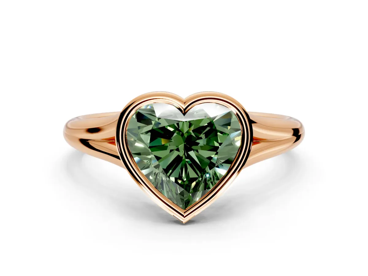 Solitaire Engagement Ring Setting for Fancy Green Heart-Shaped Center with V Split Shank and Bezel Head in Rose Gold