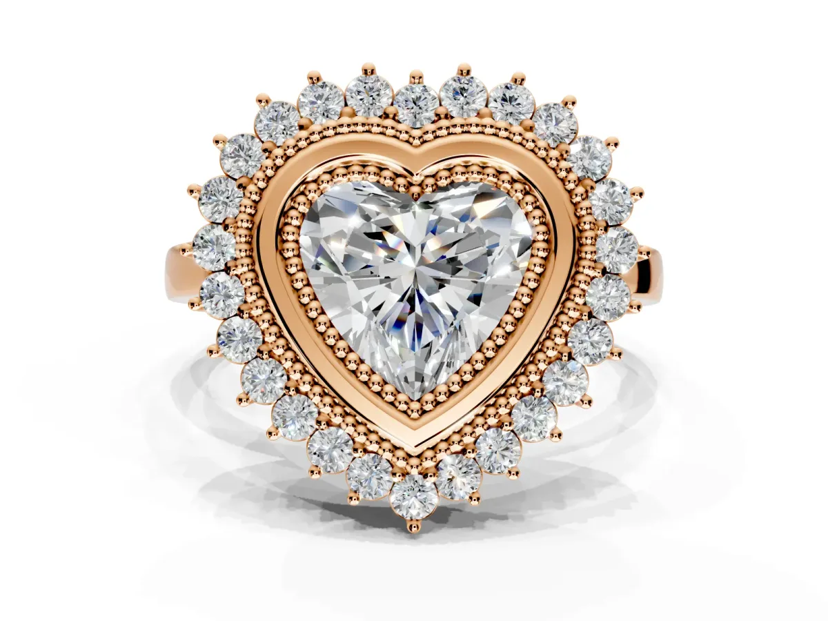 Halo Engagement Ring Setting for Heart-Shaped Center with Milgrain Bezel Rim, Plain Band and Prong Head in Rose Gold