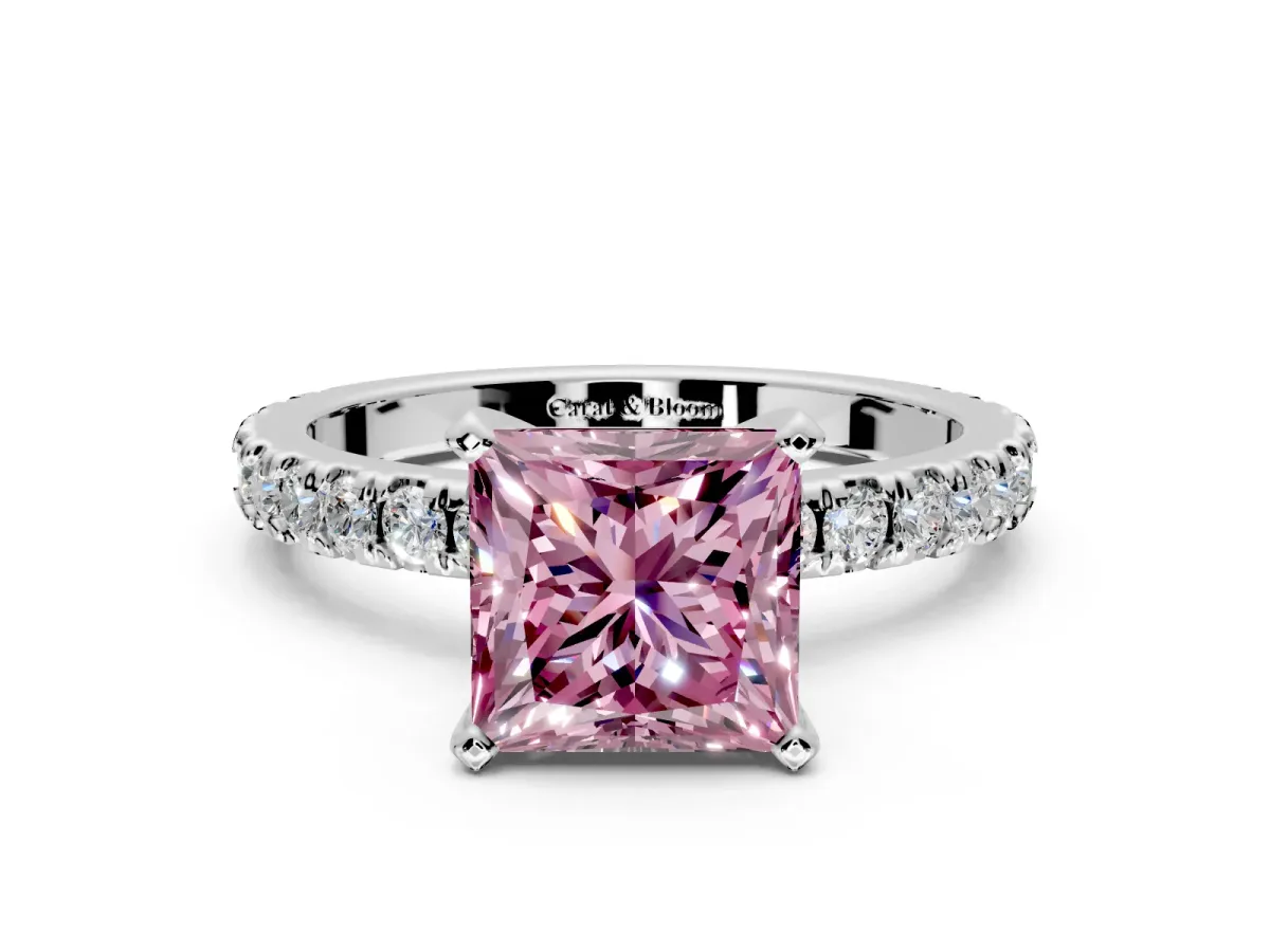 Solitaire Engagement Ring Setting for Fancy Pink Princess Cut Center with Fine Pave Band and Claw Prong Head in Platinum
