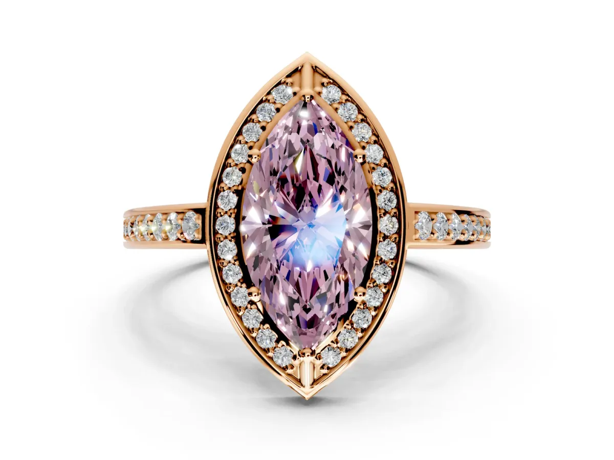 Halo Engagement Ring Setting for Fancy Pink Marquise Center with Framed Halo, Pave Band and Prong Head in Rose Gold