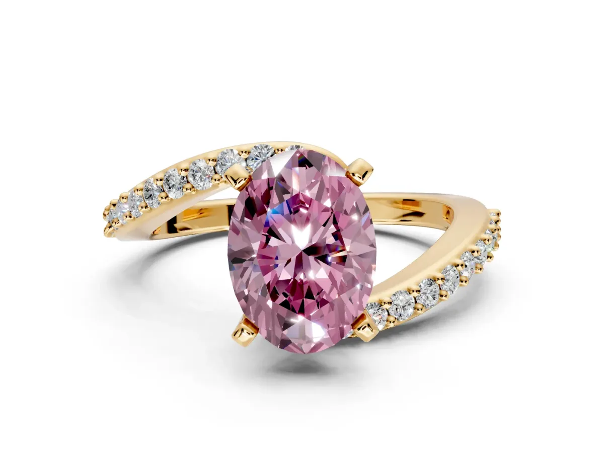 Solitaire Engagement Ring Setting for Fancy Pink Oval Center with Pave Bypass Swirl Band and Prong Head in Yellow Gold
