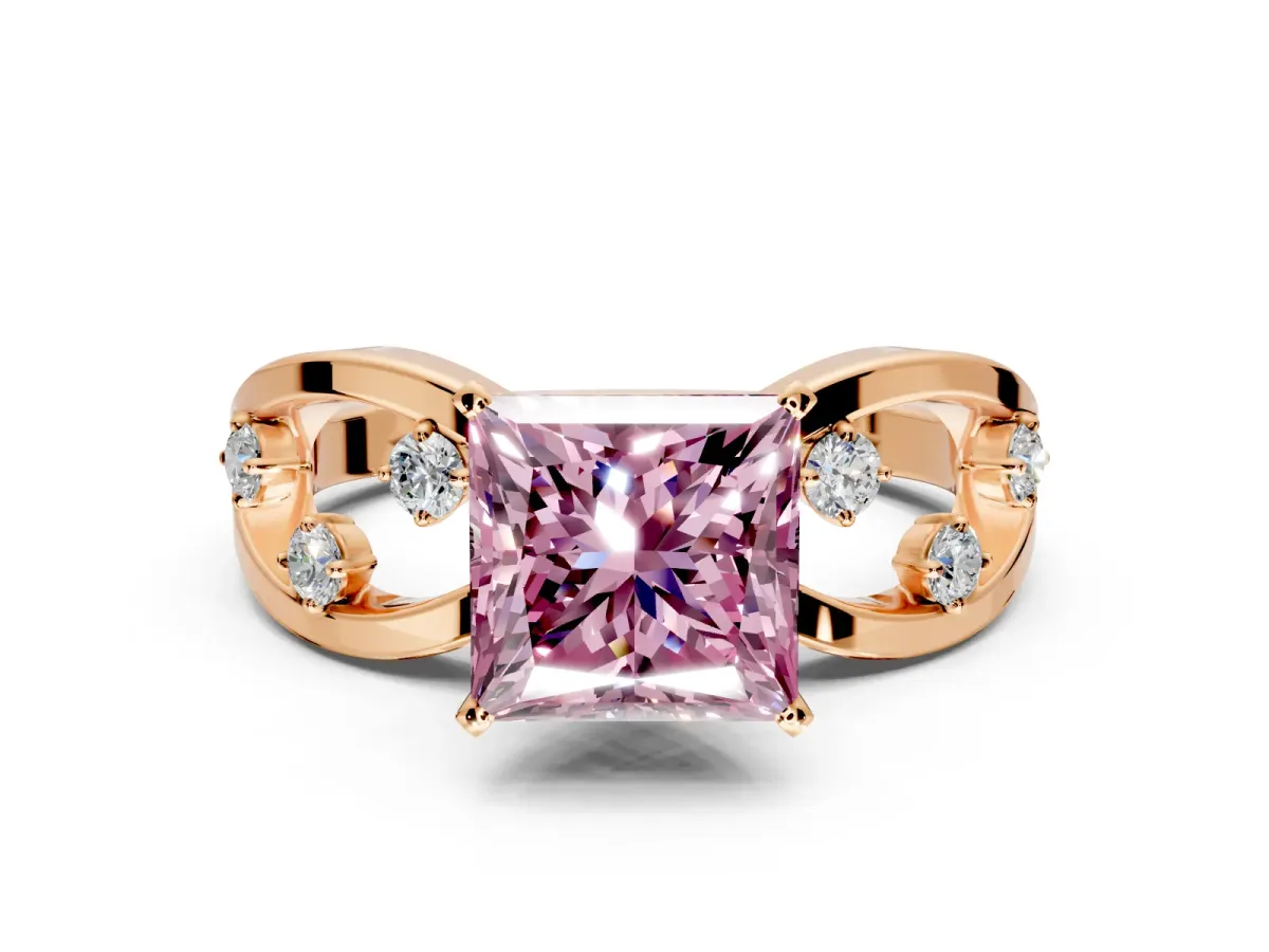 Solitaire Engagement Ring Setting for Fancy Pink Princess Cut Center with Criss-Cross Accent Band and Prong Head in Rose Gold