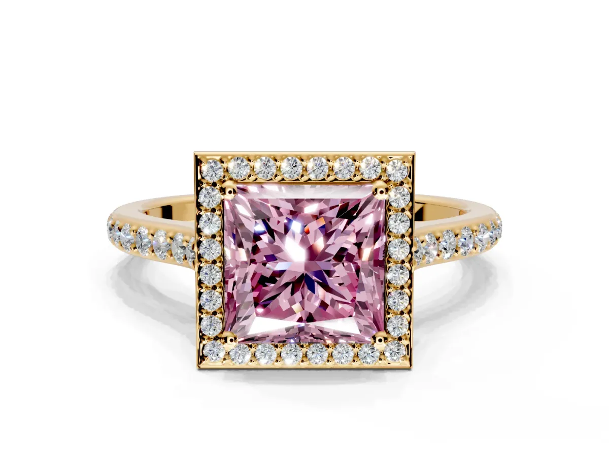 Halo Engagement Ring Setting for Fancy Pink Princess Cut Center with Pave Accents, Heart Basket and Prong Head in Yellow Gold