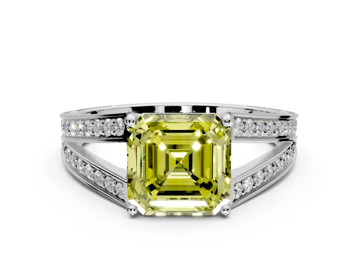 Split Shank Engagement Ring Setting for Fancy Yellow Asscher Cut Center with Pave Split Shank and Prong Head in Platinum