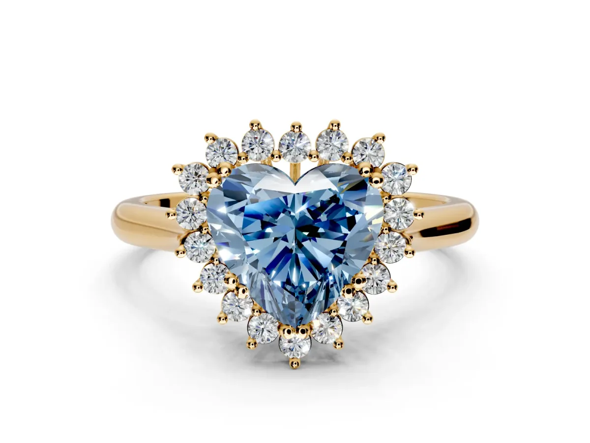 Starburst Halo Engagement Ring Setting for Fancy Blue Heart-Shaped Center with Thin Round-Wire Band and Prong Head in Yellow Gold