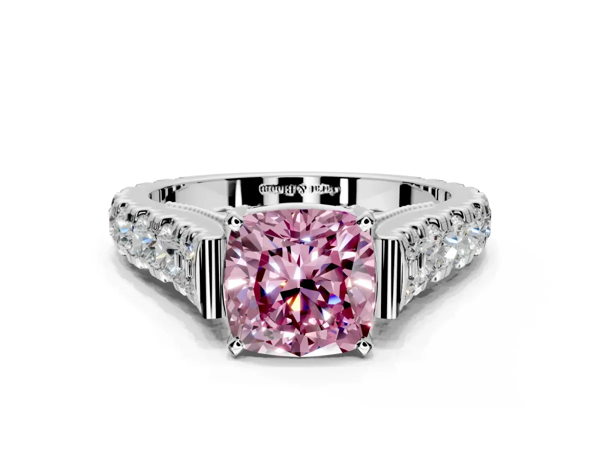 Solitaire Engagement Ring Setting for Fancy Pink Cushion Cut Center with Pave Cathedral Shoulders and Prong Head in Platinum