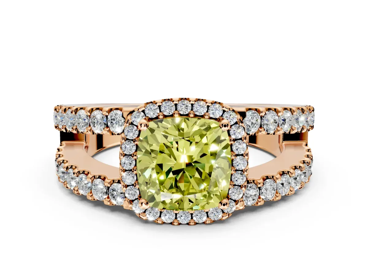 Halo Engagement Ring Setting for Fancy Yellow Cushion Cut Center with Wide-Open Pave Split Shank and Prong Head in Rose Gold