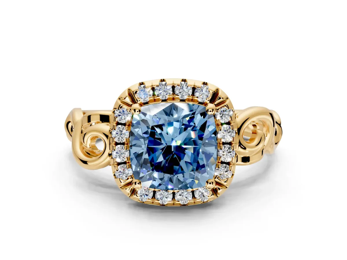 Halo Engagement Ring Setting for Fancy Blue Cushion Cut Center with Open Scroll Shoulders and Prong Head in Yellow Gold