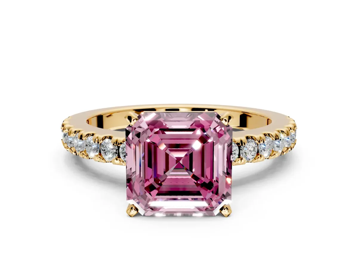 Solitaire Engagement Ring Setting for Fancy Pink Asscher Cut Center with Single Row Accent Band and Prong Head in Yellow Gold