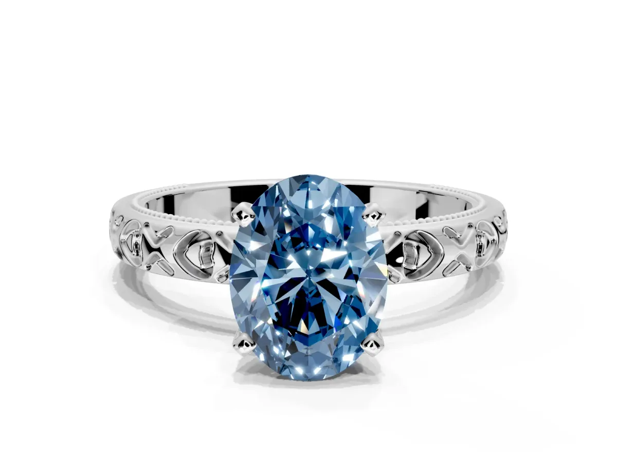 Solitaire Engagement Ring Setting for Fancy Blue Oval Center with XO Engraved Band and Prong Head in Platinum