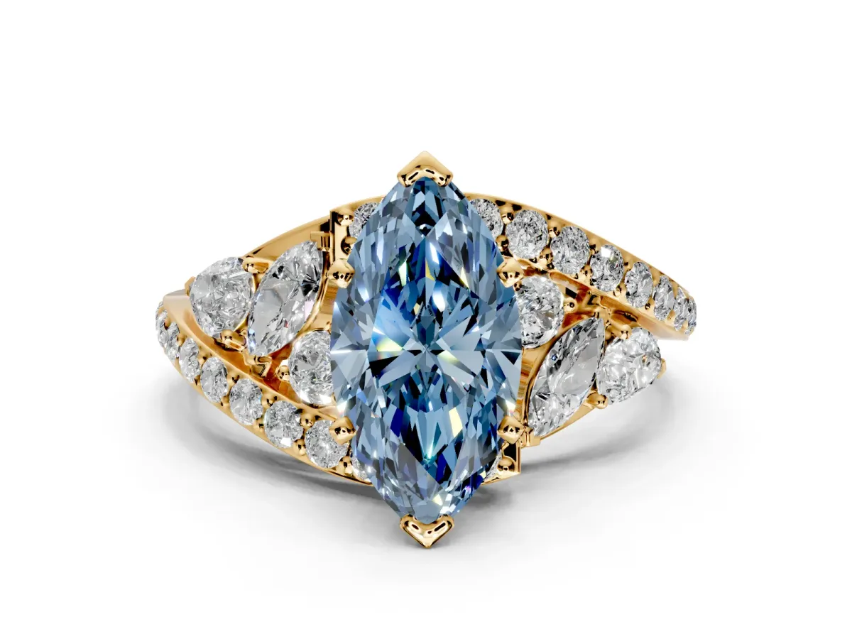 Halo Engagement Ring Setting for Fancy Blue Marquise Center with Marquise and Pave Bypass Band and Prong Head in Yellow Gold