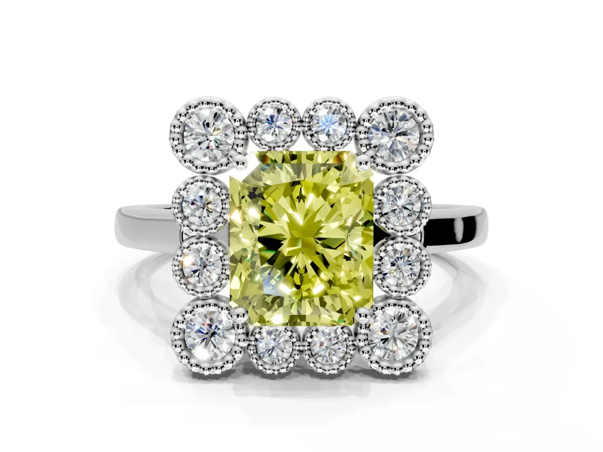 Cluster Halo Engagement Ring Setting for Fancy Yellow Radiant Cut Center with Milgrain Bezel Accents and Prong Head in Platinum