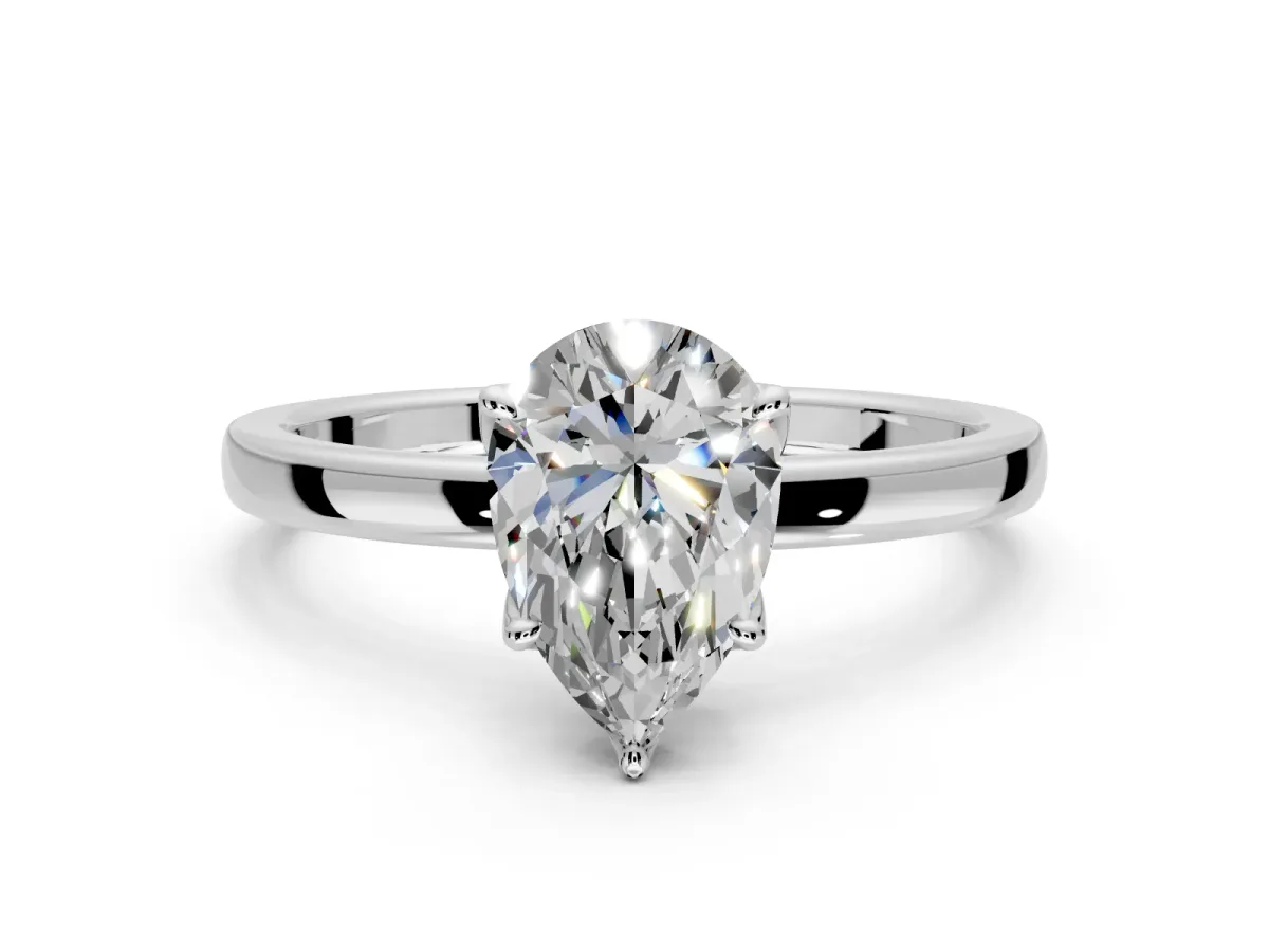 Solitaire Engagement Ring Setting for Pear-Shaped Center with Thin Rounded Plain Band and Prong Head in Platinum