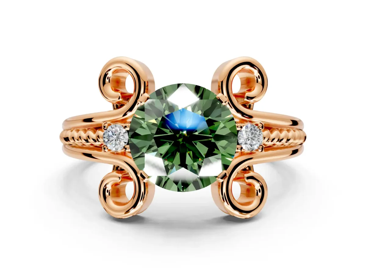 Solitaire Engagement Ring Setting for Fancy Green Round Cut Center with Twisted Band and Scroll Prong Head in Rose Gold