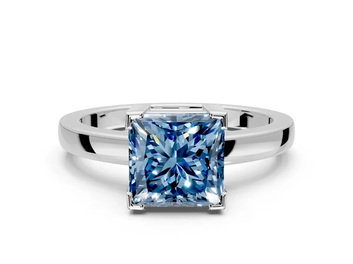 Solitaire Engagement Ring Setting for Fancy Blue Princess Cut Center with Plain Band and Flat Tab Prong Head in Platinum