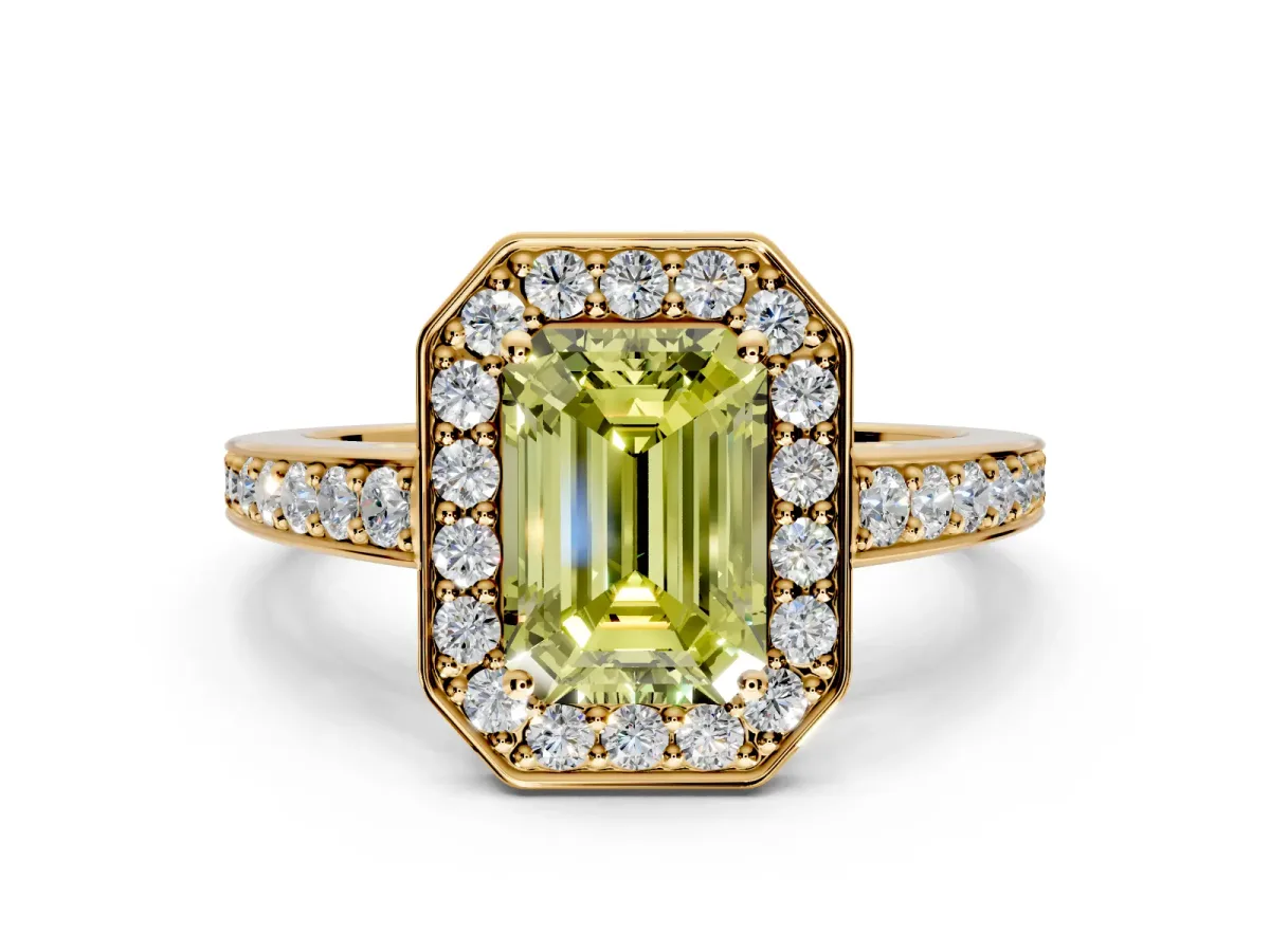 Bezel-Framed Halo Engagement Ring Setting for Fancy Yellow Emerald Cut Center with Pave Band and Prong Head in Yellow Gold