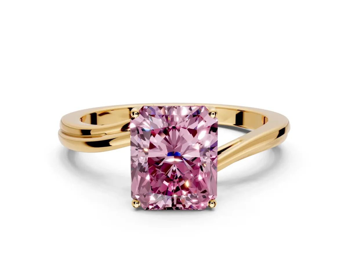 Solitaire Engagement Ring Setting for Fancy Pink Radiant Cut Center with Plain Bypass Twist Band and Prong Head in Yellow Gold