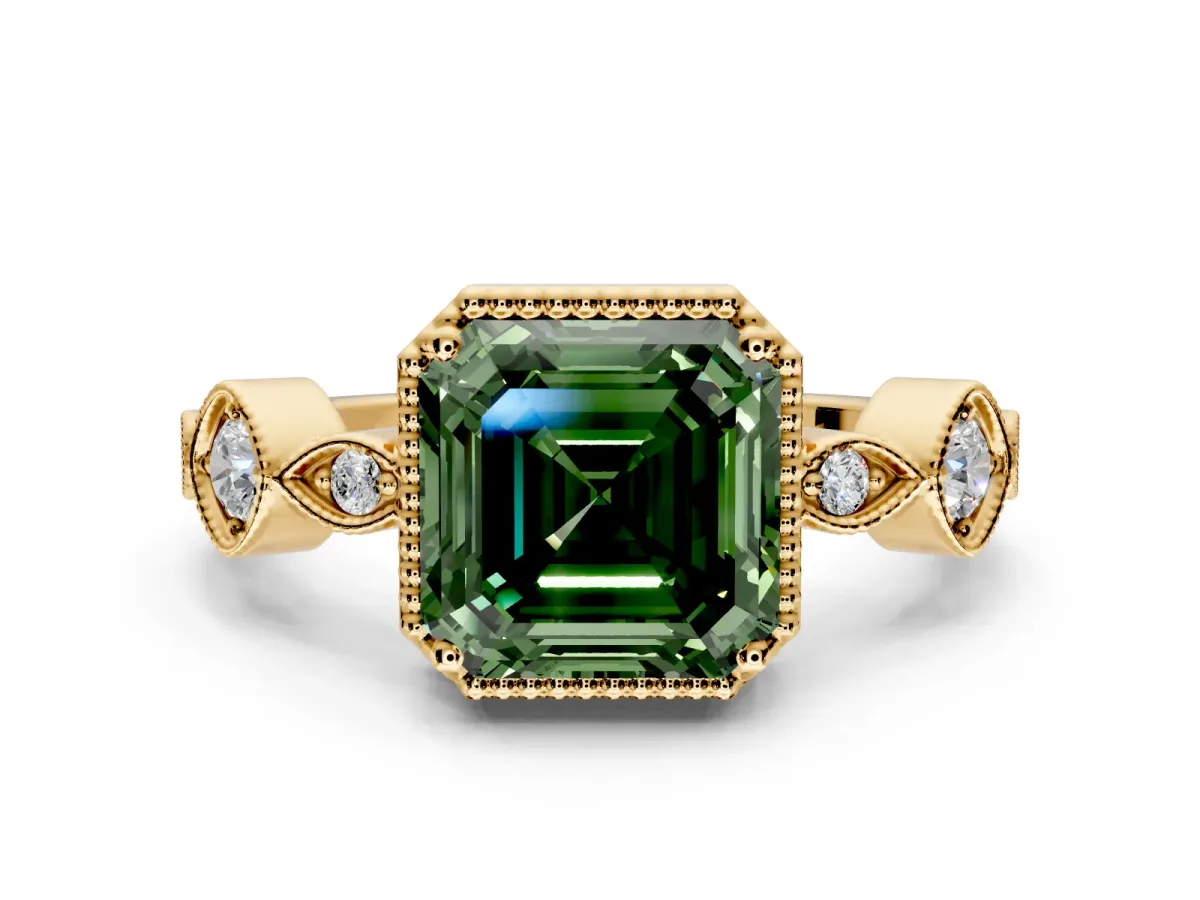 Vintage Station Engagement Ring Setting for Fancy Green Asscher Cut Center with Accents and Prong Head in Yellow Gold