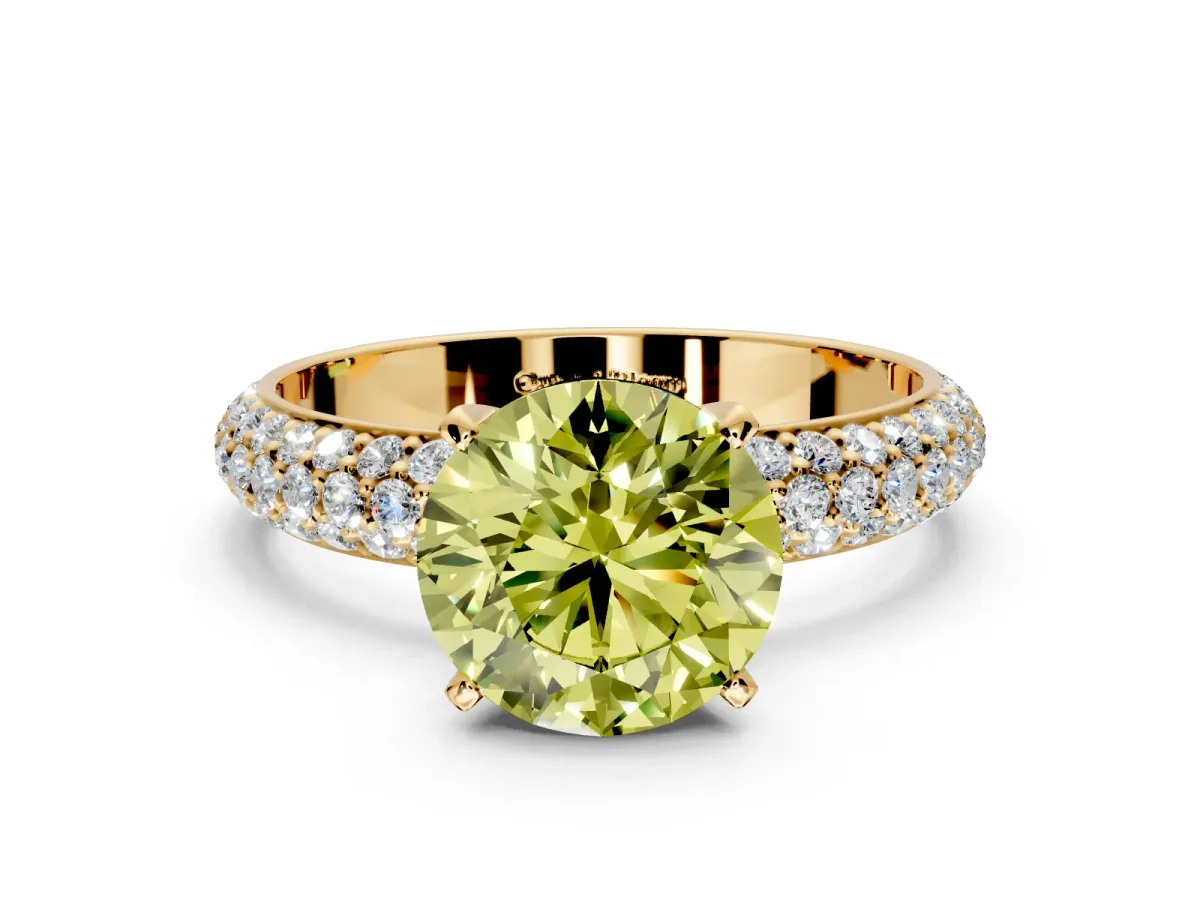 Solitaire Engagement Ring Setting for Fancy Yellow Round Cut Center with Domed Multi-Row Pave Band and Prong Head in Yellow Gold