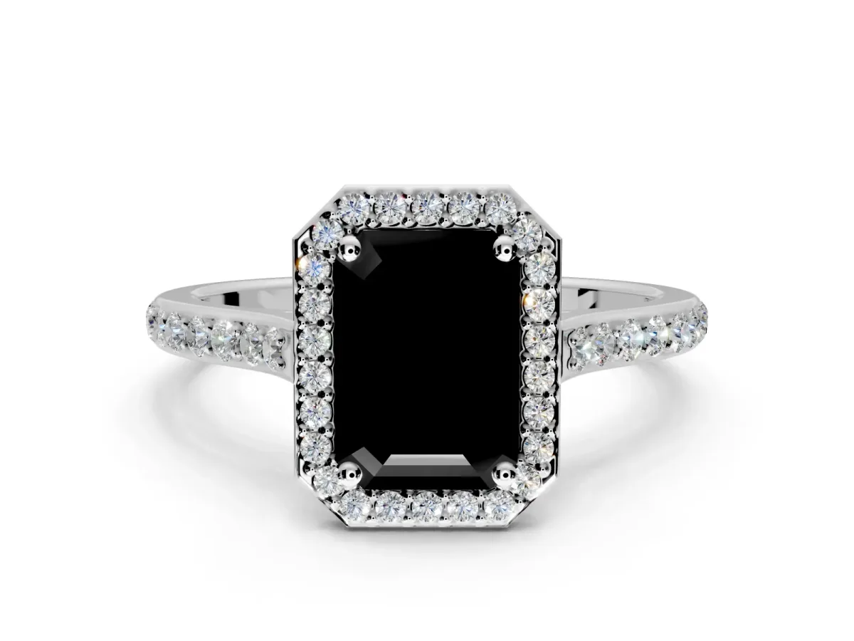 Halo Engagement Ring Setting for Fancy Black Emerald Cut Center with Pave Accents, Heart Basket and Prong Head in Platinum