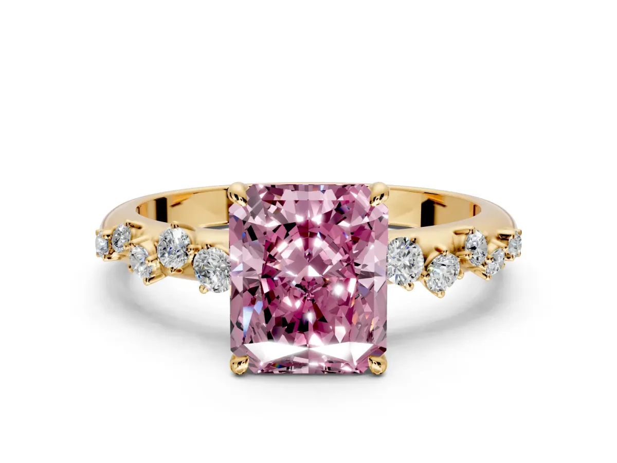 Cluster Engagement Ring Setting for Fancy Pink Radiant Cut Center with Round Cut Accent Band and Prong Head in Yellow Gold