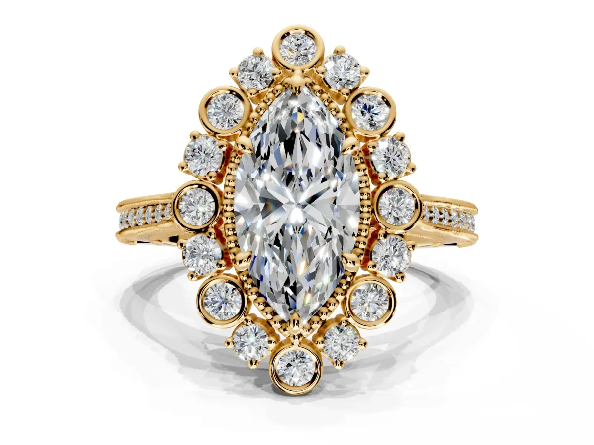 Milgrain Halo Engagement Ring Setting for Marquise Center with Bezel Point Accents and Prong Head in Yellow Gold