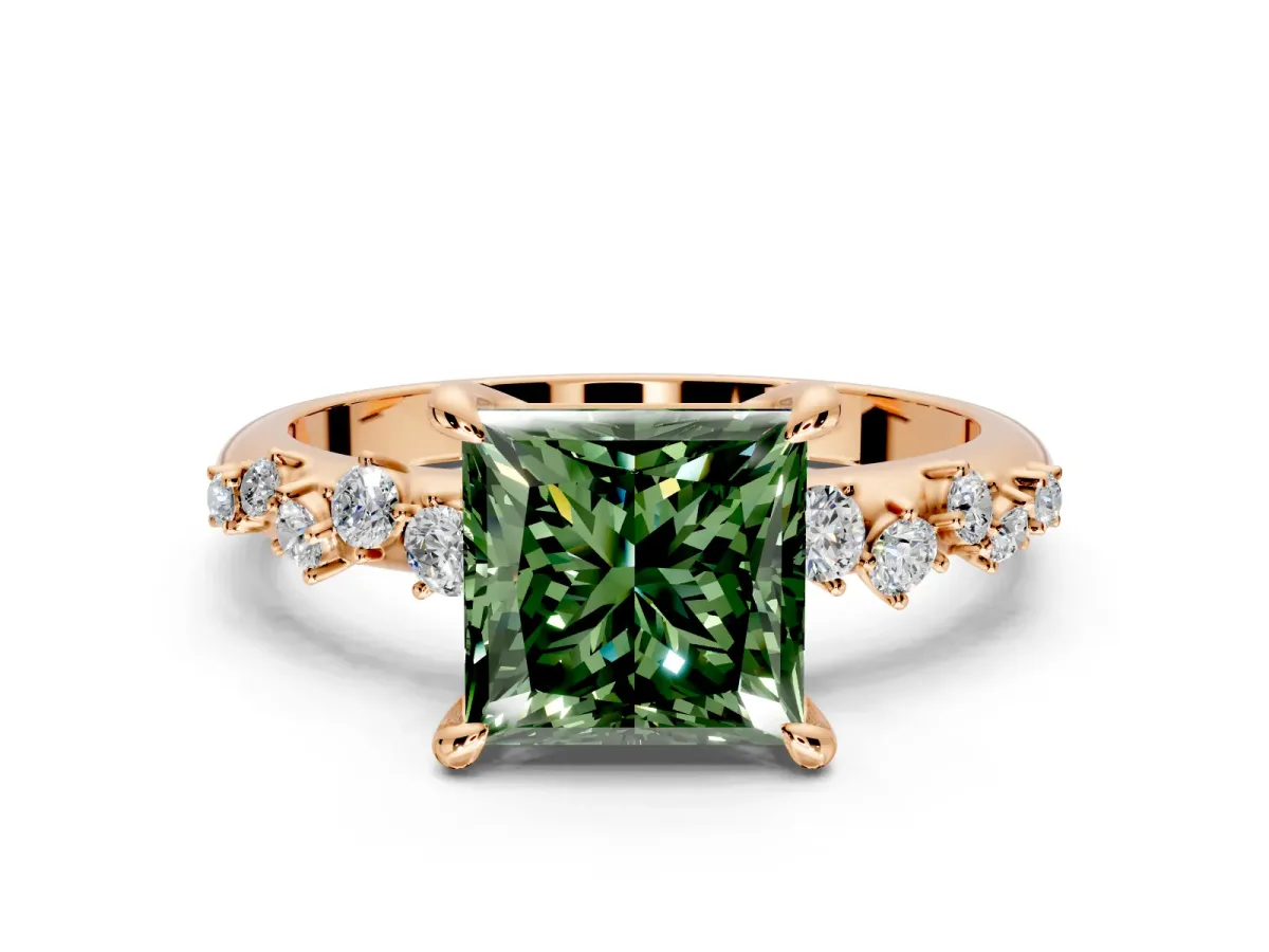 Solitaire Engagement Ring Setting for Fancy Green Princess Cut Center with Trailing Leaf Accent Band and Prong Head in Rose Gold