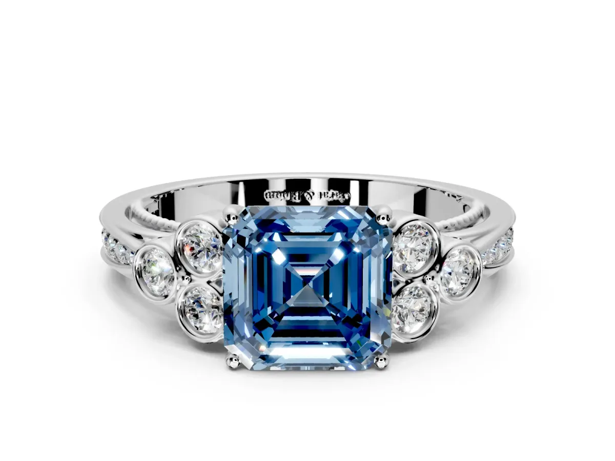 Cluster Engagement Ring Setting for Fancy Blue Asscher Cut Center with Bezel Accent Clusters and Prong Head in Sterling Silver
