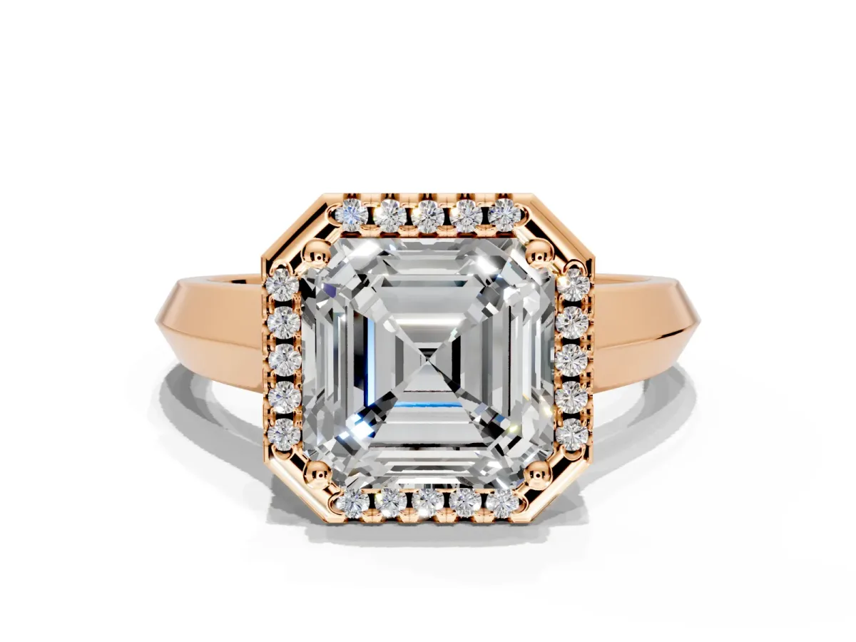 Halo Engagement Ring Setting for Asscher Cut Center with Knife Ridge Cathedral Band and Prong Head in Rose Gold