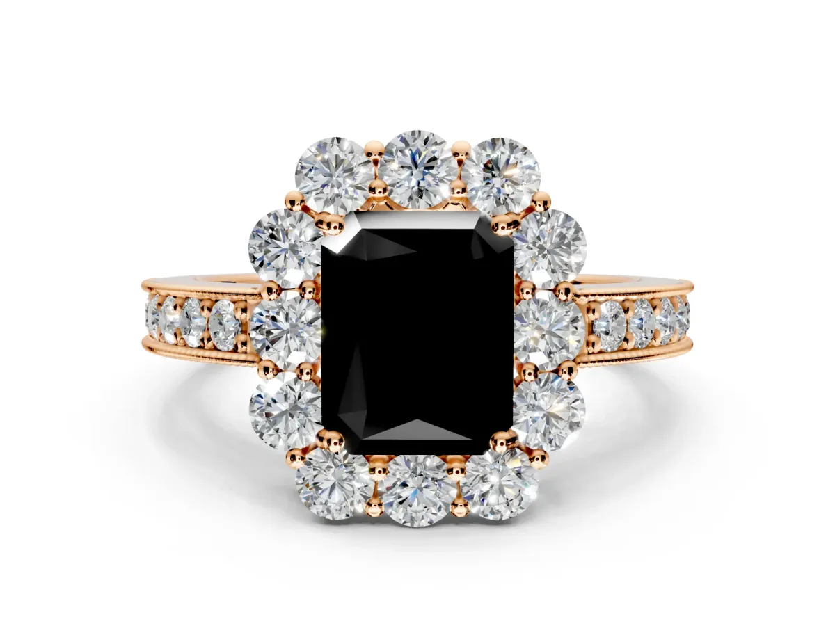 Halo Engagement Ring Setting for Fancy Black Radiant Cut Center with Milgrain Channel Band and Prong Head in Rose Gold