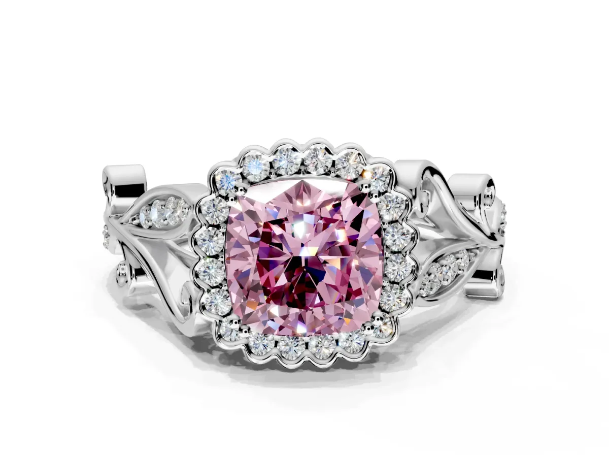 Halo Engagement Ring Setting for Fancy Pink Cushion Cut Center with Leaf Motif Split Shank and Prong Head in Platinum