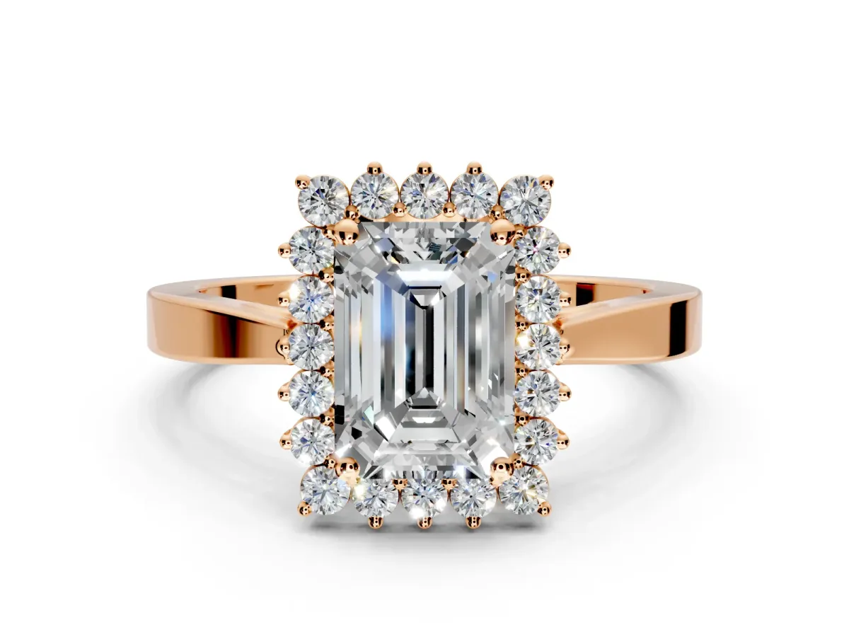 Starburst Halo Engagement Ring Setting for Emerald Cut Center with Flat Cathedral Band and Prong Head in Rose Gold