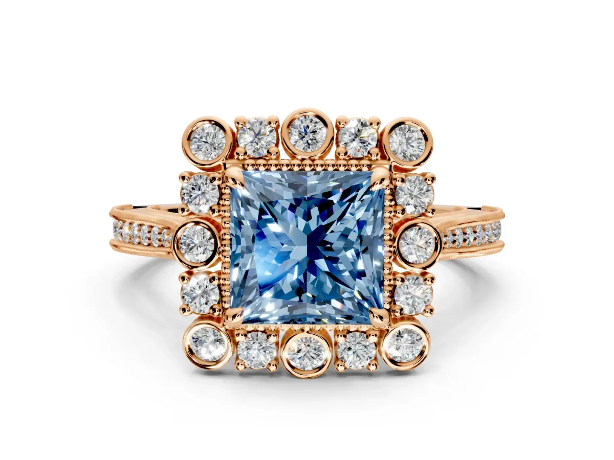 Milgrain Halo Engagement Ring Setting for Fancy Blue Princess Cut Center with Bezel Point Accents and Prong Head in Rose Gold